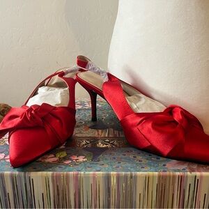 Red Satin Knot-Front Slingback Pumps - Women